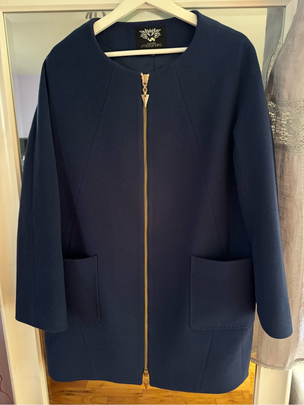 Navy Zip-Front Pea Coat with Gold Hardware